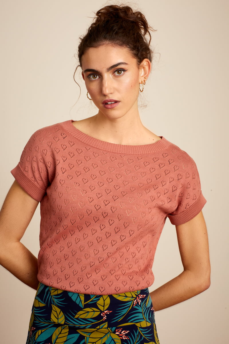 Top manches courtes King Louie col bateau maille cœur - Coloris dusty rose – Image 2