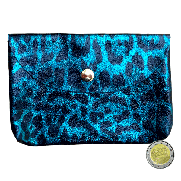 Pochette cuir à rabat LEOPARD 15 x 10 cm - Bleu
