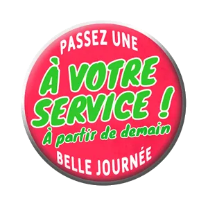 Badge 37 mm – À votre service à partir de demain – Rose
