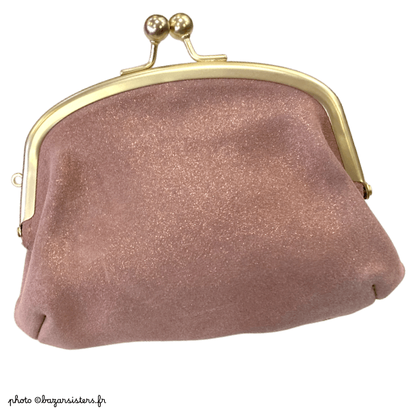 Portemonnaie à fermoir en cuir pailleté - Rose
